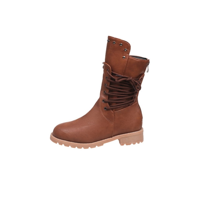 LOVZFMLL Bottes pour Femmes Mi-Mollet Bottes d'Hiver à Lacets Bout Rond Sangles Ajustables Talon Bas Épais Décontractées Mode Automne Chaussures