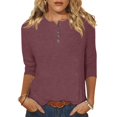 thumbnail image 1 of Yuyuzo Womens 3/4 Sleeve Tops Basic Button Crew Neck Solid Color Loose Fitted Tunics Tee Blouses, 1 of 5