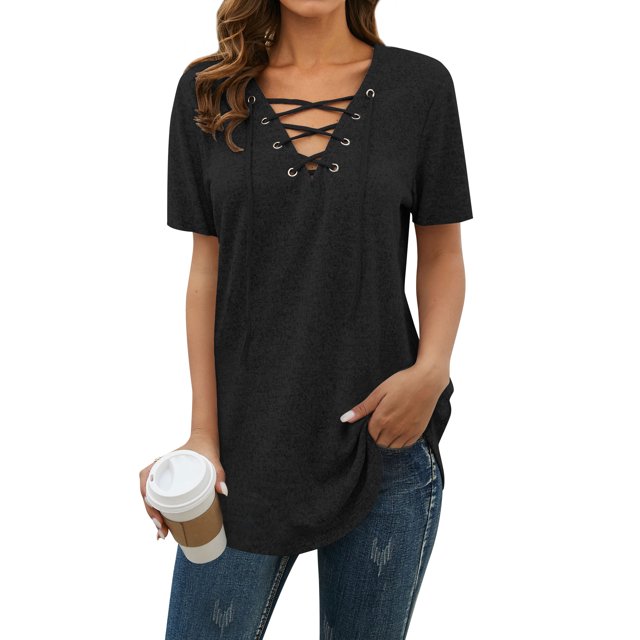 MY Women Solid Color Short Sleeve Tunics Lace-up V Neck Top