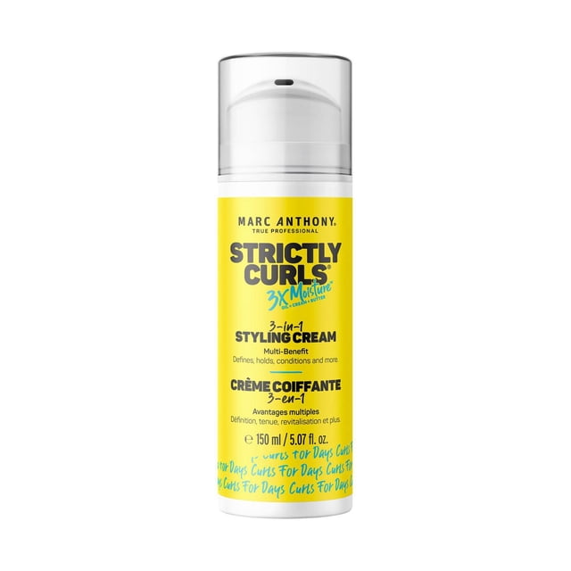 Marc Anthony Strictly Curls 3x Moisture 3-IN-1 Styling Cream in a 150 ml white and yellow pump bottle, formulated to combat frizz, add shine, moisturize, and define super curly hair with natural hold and nourishing nutrients.