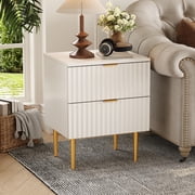 Farmhouse Modern Nightstand with 2 Drawers & Golden Metal Legs,, Bedside Table Fluted End Table for Bedroom