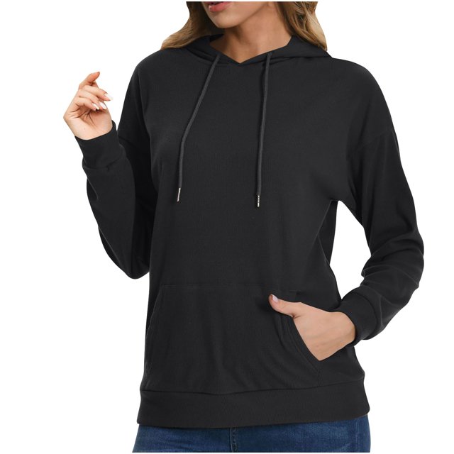 Swstbby Liquidation d'Automne! Hauts d'Automne pour Femmes Grande Taille, Chandail à Capuche à Manches Longues Col Rond Couleur Unie Noir P