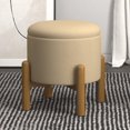 thumbnail image 4 of Mid-Century Modern Fabric and Wood Round Storage Ottoman - Beige and Natural, 4 of 7