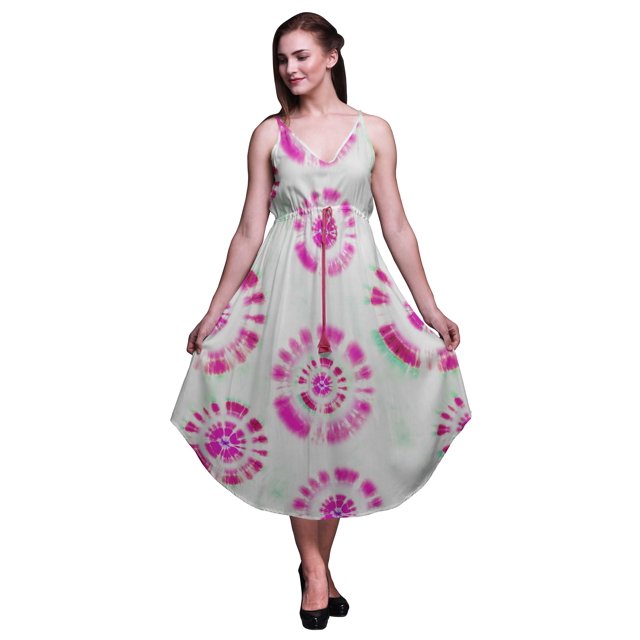 Bimba Robe à Imprimé Floral Teinture sur Nœuds pour Femmes Bretelles Spaghetti Col en V Midi Tenue de Plage-TG