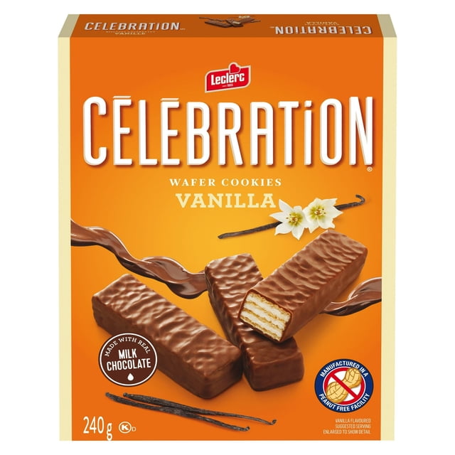 Celebration Leclerc Vanilla Wafer Cookies box displaying three milk chocolate-coated vanilla wafer bars, one with a visible layered wafer and creamy filling cross-section, vanilla pods and flowers on an orange background, 240 g packaging ideal for snacks or coffee breaks.