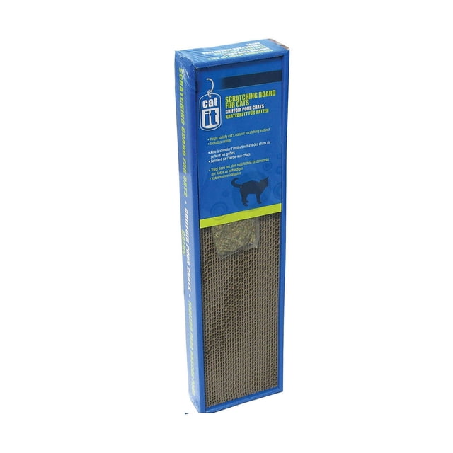 Catit Planche à Gratter pour Chat avec Herbe à Chat, Petite/étroite, Présentant une surface en Carton Ondulé dans une Boîte Bleue avec Texte Multilingue et une Pochette visible à Herbe à Chat, Conçue pour Satisfaire les instincts de Grattage Naturels des Chats et Protéger les Meubles, Idéale pour les Petits Espaces.