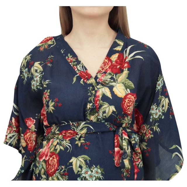 Bimba Robe Maxi de Maternité pour Mamans Bleu Marine à Imprimé Floral avec Ceinture-4