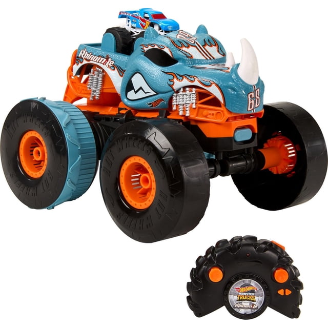 Hot Wheels Monster Trucks HW Transforming Rhinomite RC in 1:12 Scale with 1:64 Scale Toy Truck