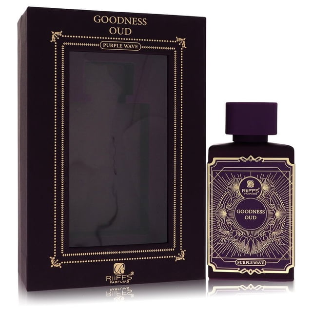 Riiffs Goodness Oud Purple Wave Eau De Parfum Spray, a luxury unisex fragrance for women, 3.4 oz bottle displayed alongside its elegant purple and gold packaging. The bottle features intricate gold detailing and a matching purple cap.