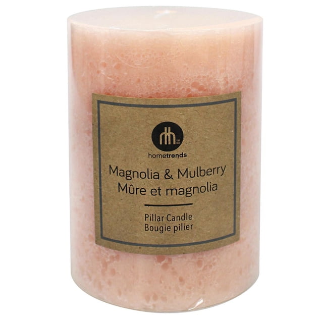 Hometrends 4" Magnolia & Mulberry Scented Pillar Candle with coral blush wax and textured surface, labeled in English and French, ideal for indoor Christmas decorations and holiday ambiance.