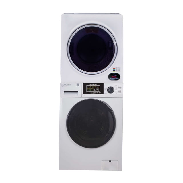 Equator Laveuse Empilable Haut de Gamme 110 V 1,62 Pi3 15 Lb + Sécheuse DIGI Ventilée 3,5 Pi3. un Ensemble compact et Empilable de Laveuse et de Sécheuse Comprenant la Super Laveuse Equator EW 826 et la Sécheuse Courte Compacte ED 852. la Laveuse Offre 12 Programmes de Lavage, Y Compris ECO, Baby et Delicate, avec des Fonctions comme un Cycle pour Animaux, le Soin des Allergènes et le mode Winterize. la Sécheuse Comprend une Technologie de Séchage par Capteur et