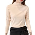 thumbnail image 3 of Baberdicy T-Shirts pour Femmes Femmes Ajusté Décontracté Uni Manches Longues Col Roulé Simulé Blouse Hauts Coupe Ajustée Extensible Couche T-Shirts Hauts pour Femmes Beige, 3 of 8