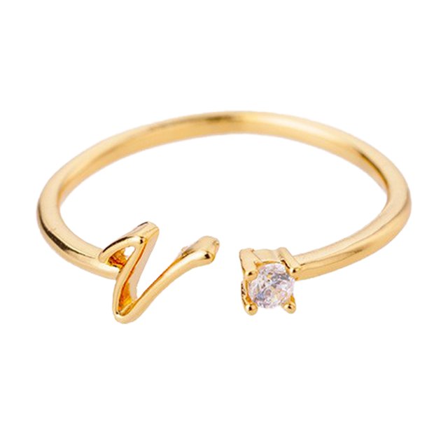 Riforla Gold Personalized Rhinestone 26 Initial Ring Jewelry Personalized Initial Letter Open Ring with Diamond Rhinestone Ring for Women Womens Jewelry V