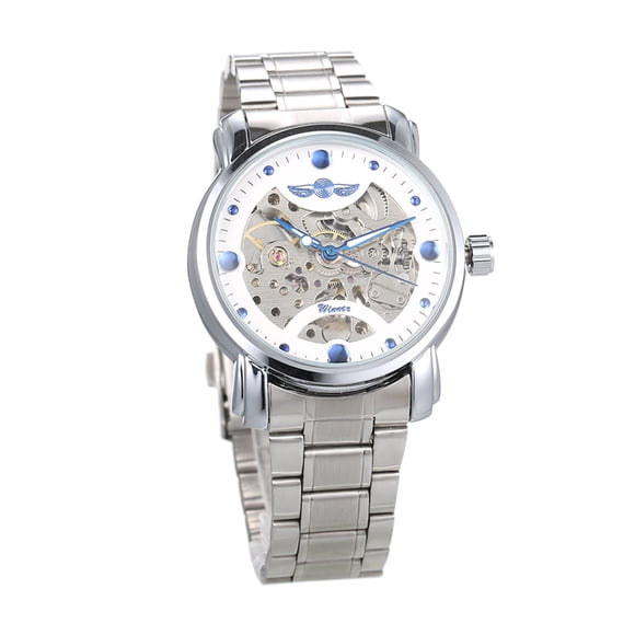 WINNER Elegant Skeleton Men's Automatic Mechanical Watch with White Dial and Blue Hands, Stainless Steel, Gift Box Included