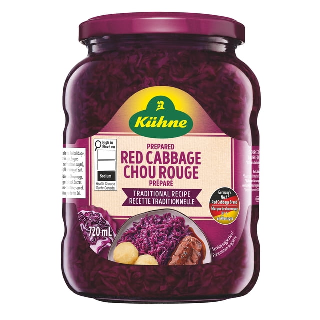 Kuhne Chou Rouge Préparé – Sans Allergènes, Pot de 720 ml Orienté vers l'Avant de Chou Rouge Râpé Violet Foncé dans un Liquide de Marinade avec Bouchon à Vis Blanc, Chou Rouge Allemand Étiqueté Prêt à Servir Fabriqué selon une Recette Traditionnelle; un Plat d'Accompagnement Réfrigéré pour Rôtis Ou Saucisses, Souvent Utilisé comme Garniture de sandwich Ou Mélange à Salade.