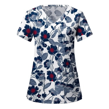 TopLLC Scrubs Tops for Women Floral Print Nurse Uniforms for Women, Breathable Patterned Short Sleeve V-Neck Plus Size Shirts Tee Tops with Pockets