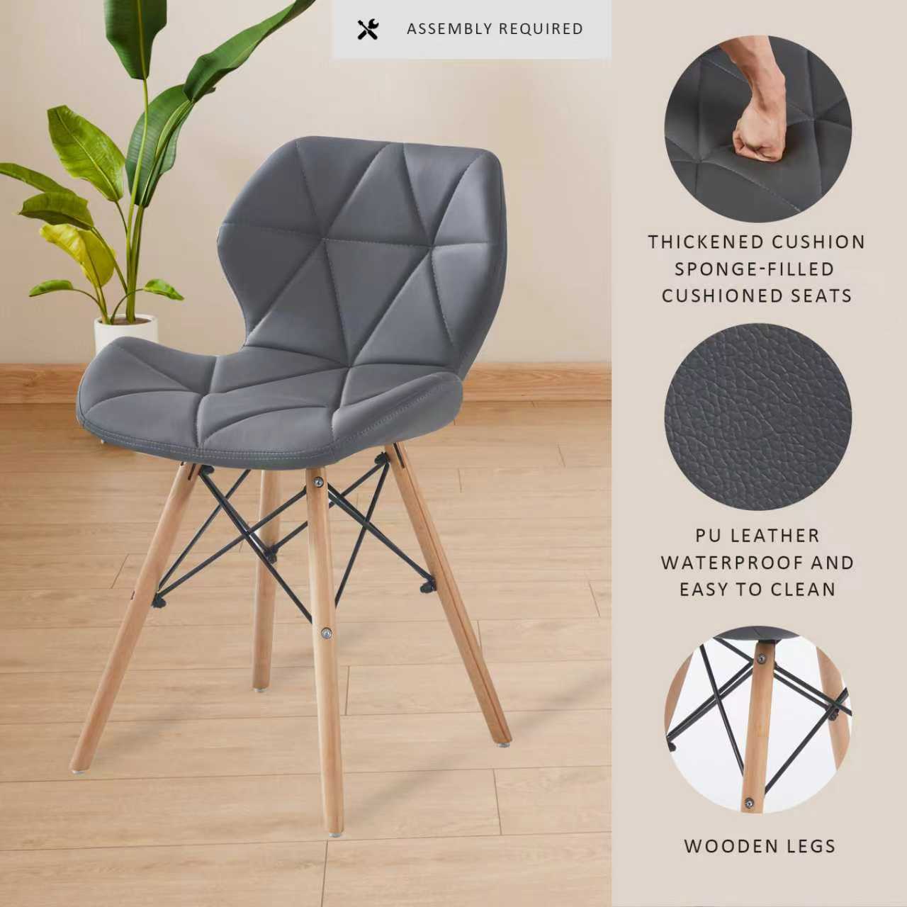 Chaises de salle à manger modernes Noble House avec dossier, rembourrage en mousse haute résilience et revêtement en cuir PU, ensemble de 2 (grises)