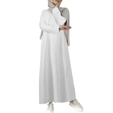 Xuplwnp Robe Décontractée Blanche pour Femmes Robe Abaya Musulmane Robe de Prière Kaftan Pleine Longueur Islamique avec Hijab Robe Maxi Dubai Robes pour Femmes Taille TG