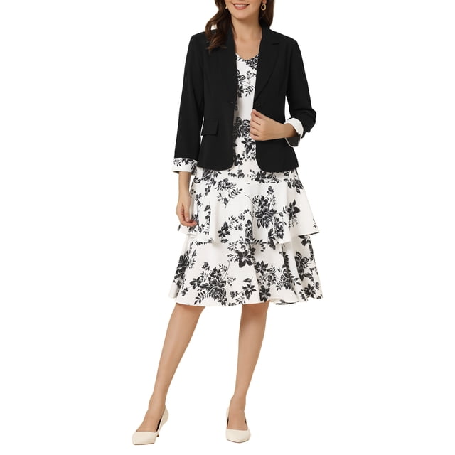 INSPIRE CHIC Robe et Veste pour Femme Ensembles 2 Pcs Robe Sans Manches en Mousseline à Fleurs et Veste à Panneaux Contrastants TG Noir
