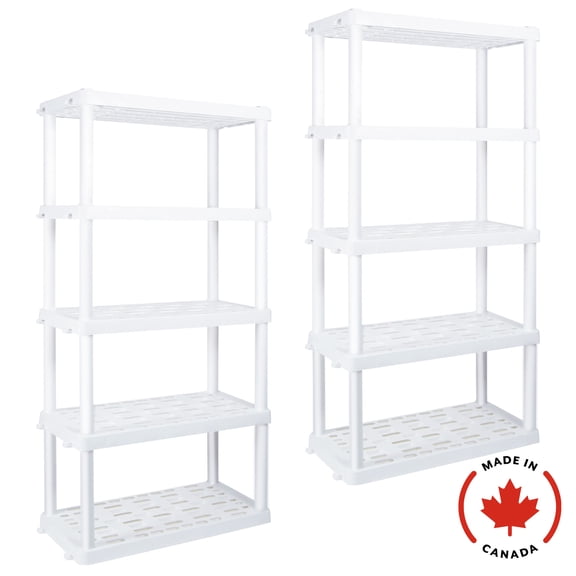 Étagère de rangement en plastique ultra-résistant à 5 niveaux (H 186,7 cm x P 45,7 cm x L 91,4 cm), lot de 2, blanc, capacité totale de 340 kg.