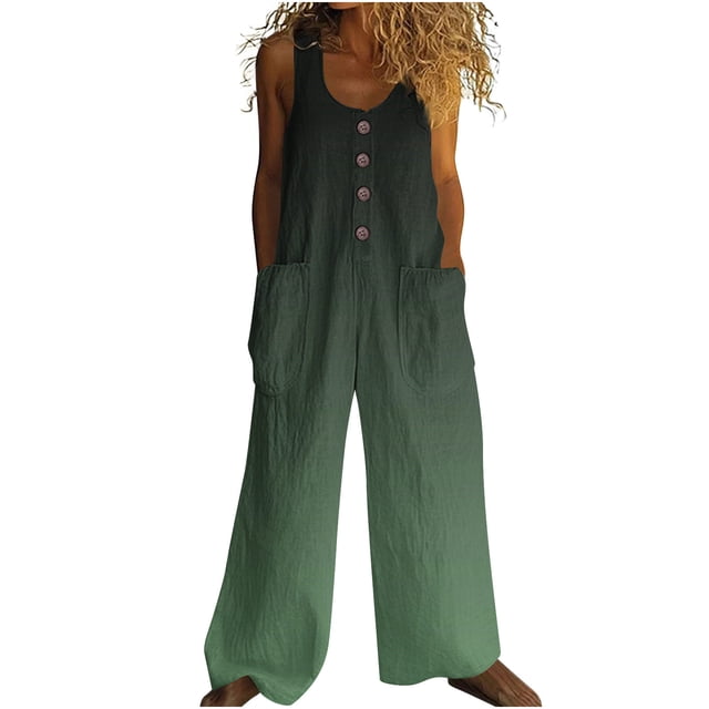 Combinaison Décontractée pour Femmes, Sans Manches à Col Rond avec Motif Imprimé, Poches à Boutons et Taille Élastique, Vert Militaire, Taille g