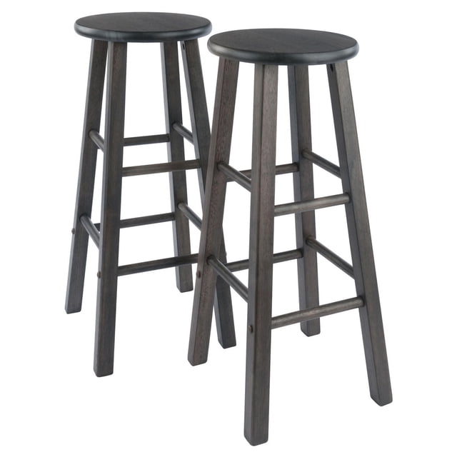 Winsome Element 29" Bar stool gray finish with two solid wood counter stools featuring round seats, square legs, and multiple crossbars for stability and foot support, finished in dark gray, suitable for kitchen or bar seating and ideal for extra seating in compact spaces.