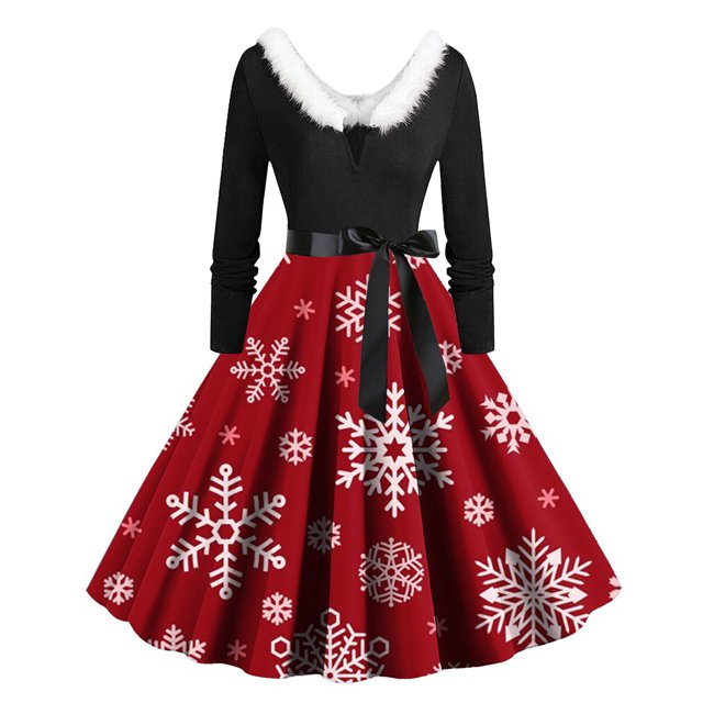 EGNMCR Robes pour Femmes de Noël Imprimées Patchwork Col en V Taille Haute Manches Longues Robe Vintage avec Ceinture Robe de Fête Cadeaux de Noël