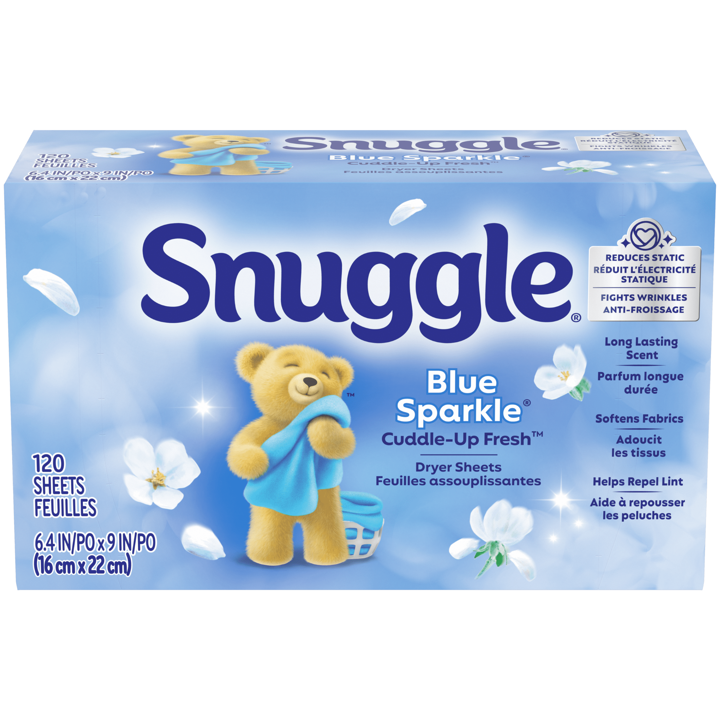 Snuggle Blue Sparkle Cuddle-Up Fresh Dryer Sheets, Reduces Static, Fights Wrinkles, 120ct, HE Compatible