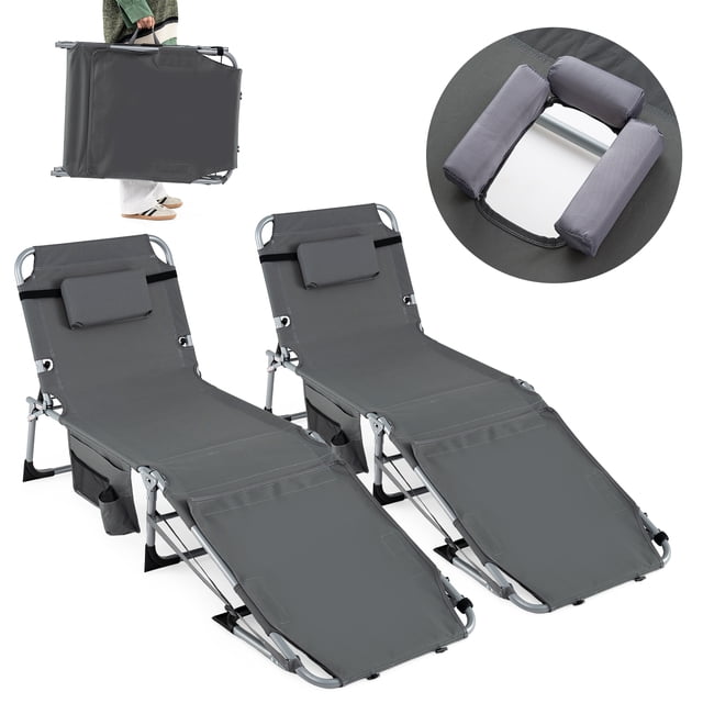 Costway 2 PCS Outdoor Folding Chaise 4-Position Lounge Chair with Adjustable Footrest Gray