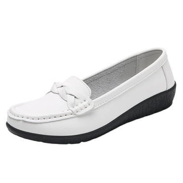 LOVZFMLL Women's Penny Loafers Classic Slip On Flat Shoes for Business Casual Work Comfortable Round Toe Dress Flats White 7.5