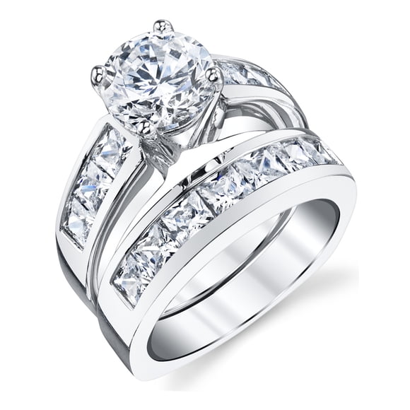 Women's Sterling Silver Bridal Set 2ct. Engagement Wedding Ring Round Princess-Cut Cubic Zirconia