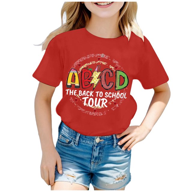 AWZXDE Hauts pour Filles Enfants Rentrée des Classes T-Shirt Graphique à Manches Courtes Col Rond Lumineux Confortable pour Garçons et Filles