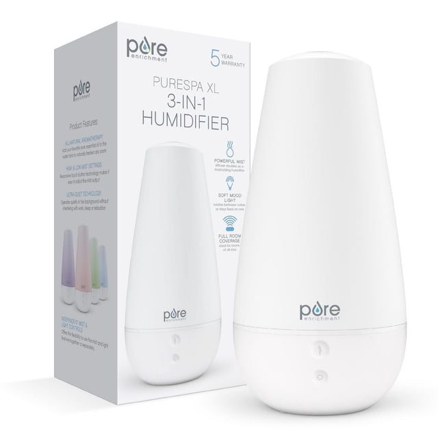 Pure Enrichment PureSpa XL 3-in-1 Humidifier, a white ultrasonic humidifier with a conical shape, two front control buttons, and logo, shown next to its packaging highlighting features like powerful mist, soft mood light, full room coverage, and aromatherapy diffuser.