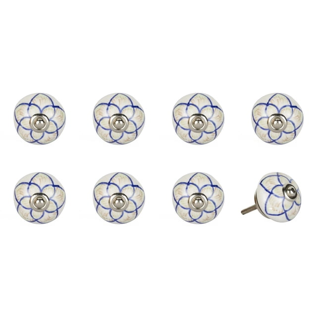 KNOB-IT vintage handpainted ceramic knobs 8 pack with round white ceramic knobs featuring blue and beige floral pattern and silver metal bolt center, suitable for cabinet hardware and furniture updates, bolt can be trimmed to size for easy installation