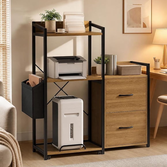 Filing Cabinets for Home Office, Storage Cabinet with Drawers,Open Shelf, 2 AC Outlets & USB Ports, RGB LED Lights, Metal Frame Wood Panels, 37.8D x 15.75W x 49.21H