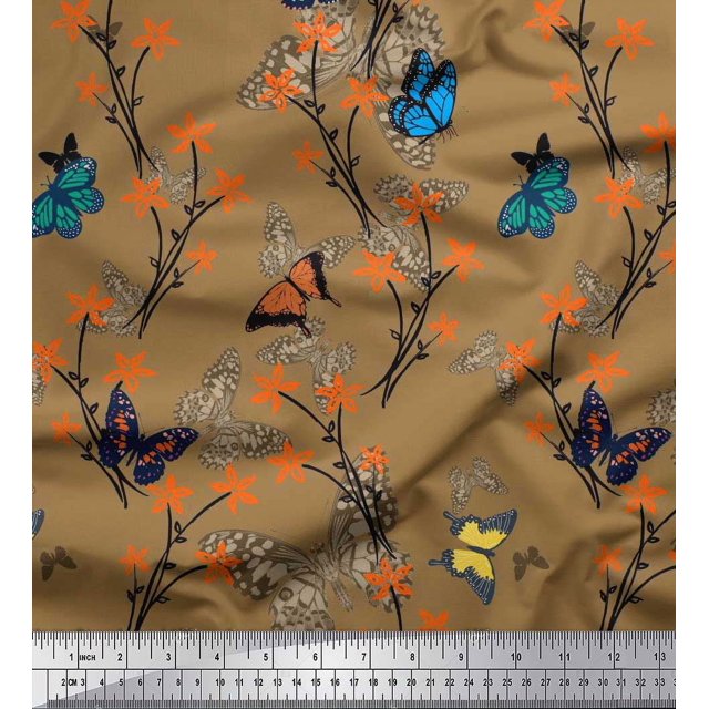 Soimoi Brown Cotton Voile Fabric Flower & Butterfly Decor Fabric Printed BTY 56 Inch Wide