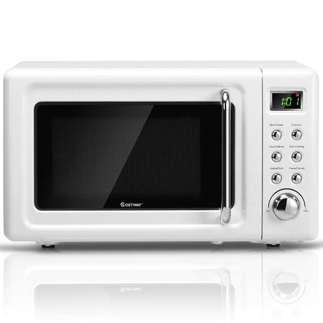 Costway 700W 0.7Cu.ft Retro Countertop Microwave Oven with LED display and glass turntable in a compact white design. Features include 5 power levels, 8 auto cook menus, defrost function, delayed start, child lock, and a removable 9.5-inch turntable for easy cleaning. Ideal for small spaces like apartments or dorms.
