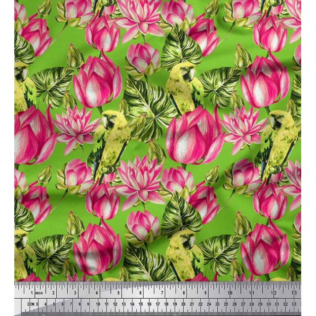 Soimoi polyester Crepe Fabric Parrot,Leaves & Lotus Floral Print Fabric by Yard 52 Inch Wide