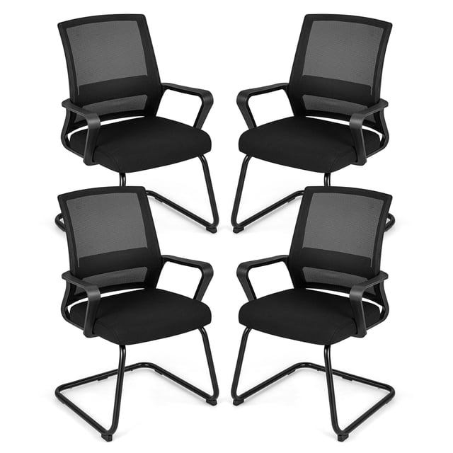 Costway 4 PCS Office Guest Chair with Lumbar Support, Breathable Mesh Back without Wheels Black. This set of four ergonomic office chairs features a breathable black mesh backrest with built-in lumbar support, a 3-inch thick sponge-padded seat, and integrated armrests for added comfort. Each chair is supported by a durable metal sled base with non-slip rubber pads for stability. Ideal for conference rooms, reception areas, or home offices, these chairs combine modern design with functionality. Dimensions: 24.5 inches L x 23.5 inches W x 37 inches H.