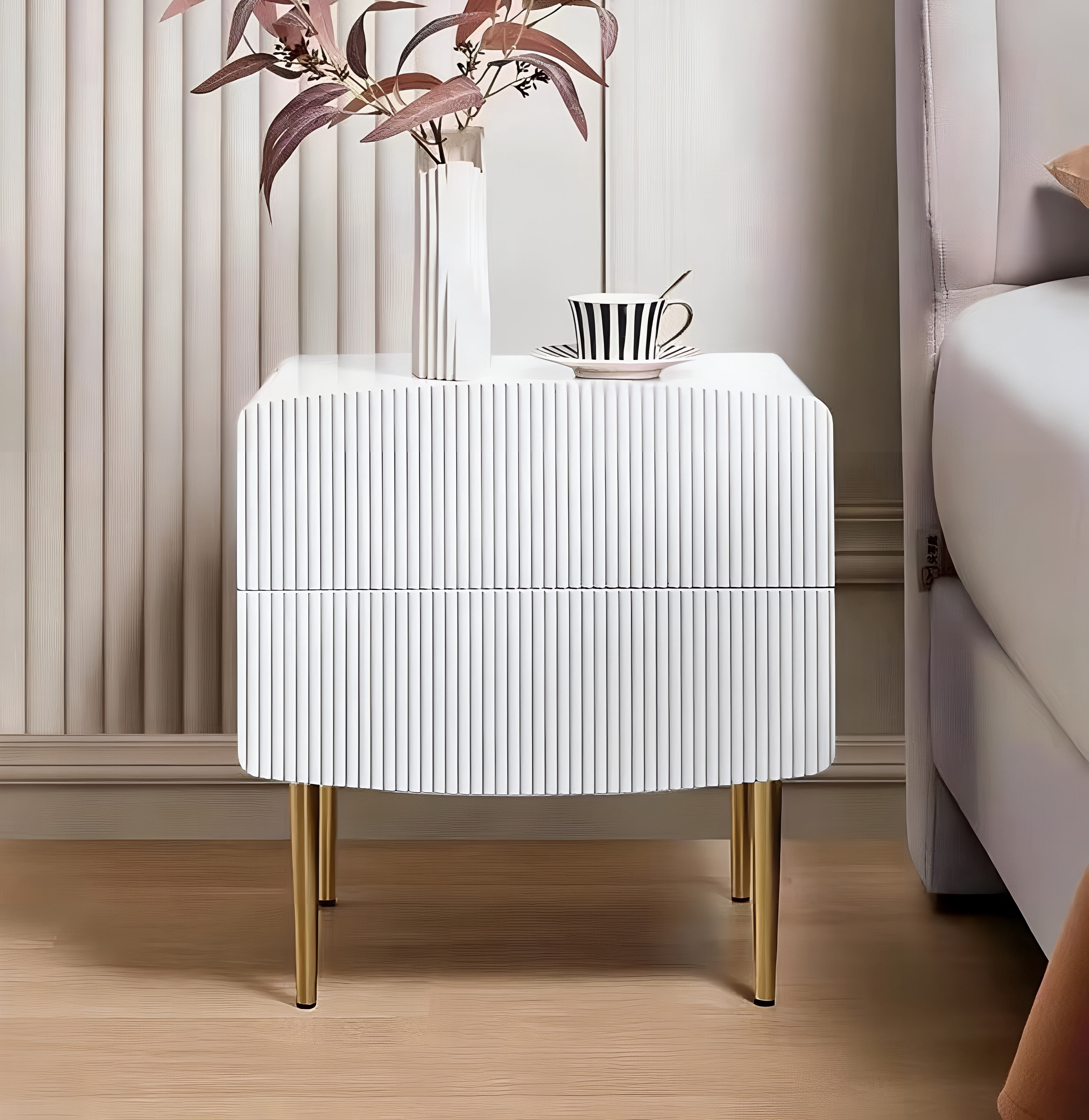 GStone Modern Nightstand with 2 Drawers, High Gloss Bedside Table with Metal Legs, Handle-Free Design, Easy to Clean Surface, Bedroom Storage Cabinet
