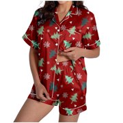 GDREDA Womens Pajamas Ladies' Christmas Tree Printed Silk Satin Short Sleeve Button Sleepwear Set Women Pajama Sets pyjamas Red,S