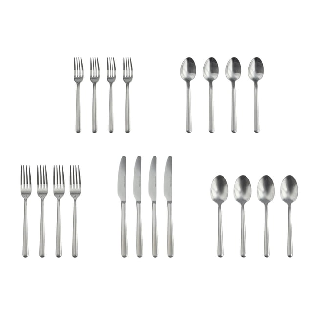 Hometrends 20-piece flatware set in silver featuring four dinner forks, four salad forks, four knives, four dinner spoons, and four teaspoons, made of durable stainless steel with a mirror finish, dishwasher safe and ideal for everyday dining.