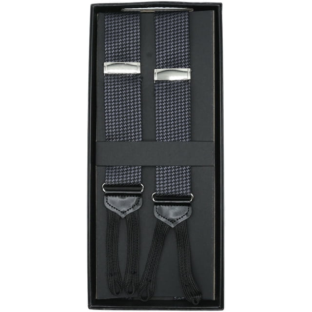 Dion Men's Grey / Black Button-On Houndstooth Suspenders displayed in a box. The suspenders feature a houndstooth pattern in grey and black, silver-tone adjusters, and black leather button-on loops. Ideal for men's accessories in formal or semi-formal outfits.