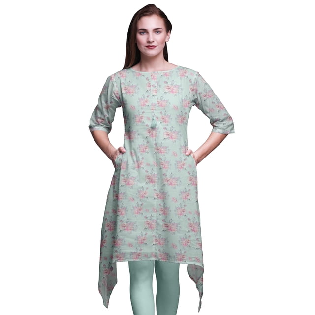 Bimba Kurti Asymétrique à Imprimé Floral Rose Verte et Renoncule pour Femmes, Robe d'Été Indienne Tunique, XX-Grand