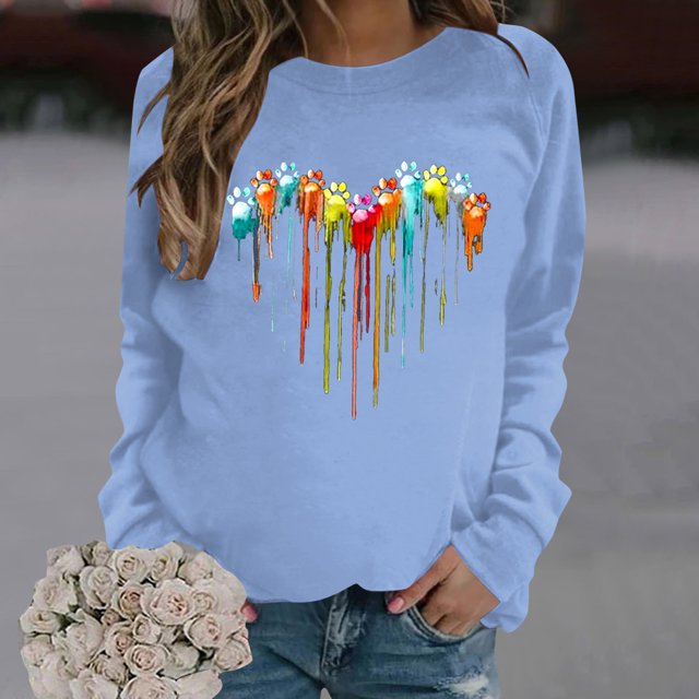 EQWLJWE Chandails pour Femmes Grande Taille Liquidation Chandail d'Automne pour Femmes à Manches Longues Mignon avec Empreinte de Patte d'Amour Basique à Col Rond Chandail Ample Haut à Enfiler 2023 Chandails Sans Capuche pour Femmes