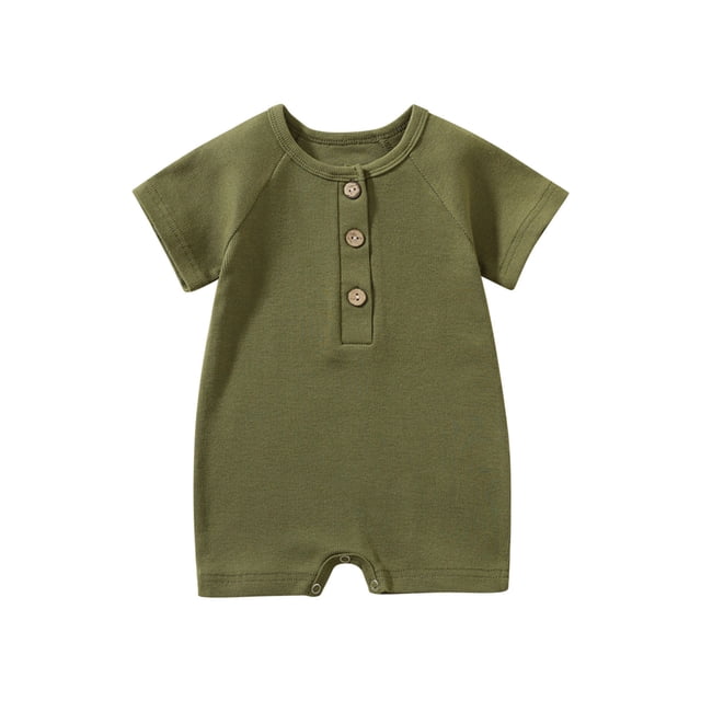 Birdeem Toddler Baby Girls Boys Short Sleeve Solid Color T-Shirt Jumpsuit Romper in an olive green shade. Features a buttoned front placket, short sleeves, and a soft cotton-polyester blend for comfort. Suitable for babies aged 0-24 months, ideal for casual wear, baby photography, or summer outings.