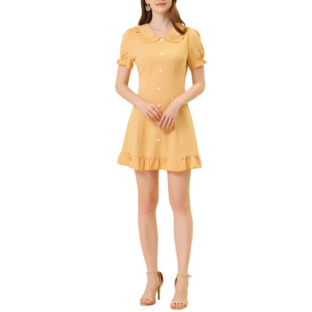 INSPIRE CHIC Women's Ruffle Peter Pan Collar Casual Button up Checkered Dress XS Yellow