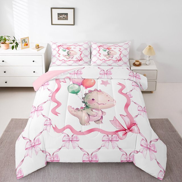 Erosebridal Cute Dinosaur Bedding Full Comforter Set, Pink Bowknot Down Comforter, Balloon Star Decor, Reversible