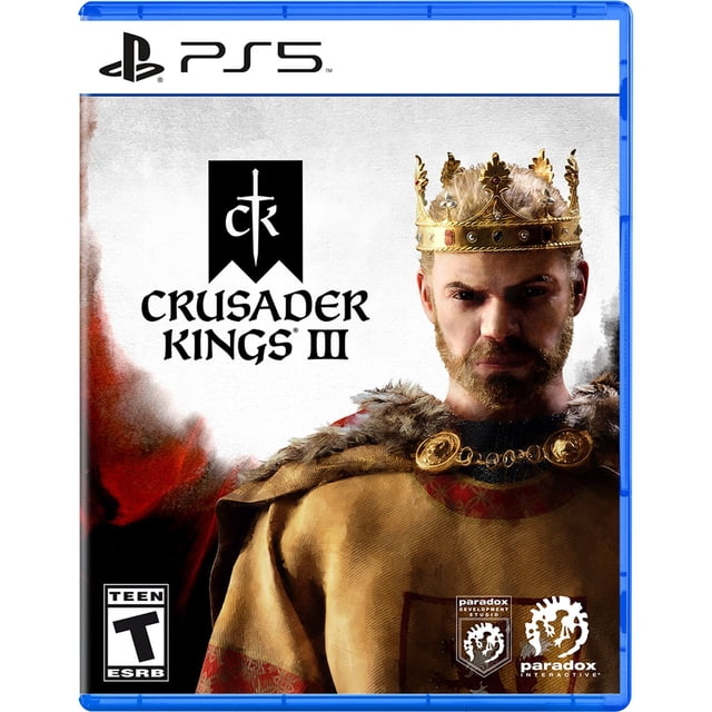 Crusader Kings III (PS5) Couverture de Jeu Mettant en Vedette un Roi Médiéval Portant une Couronne Dorée et une Cape Doublée de Fourrure, avec le logo Crusader Kings III Noir et Blanc Montrant une Épée et des Lettres « KK » sur une Bannière, sur un Fond Léger Texturé.