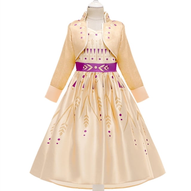 HAWEE Elsa 2 Anna Princess Dress, a Christmas cosplay costume for girls, featuring a long-sleeve design with a stand collar and intricate gold and purple accents. The dress includes a satin finish with a ceremonial robe style, inspired by Frozen's Anna. Suitable for birthdays, Halloween, and role-play events.